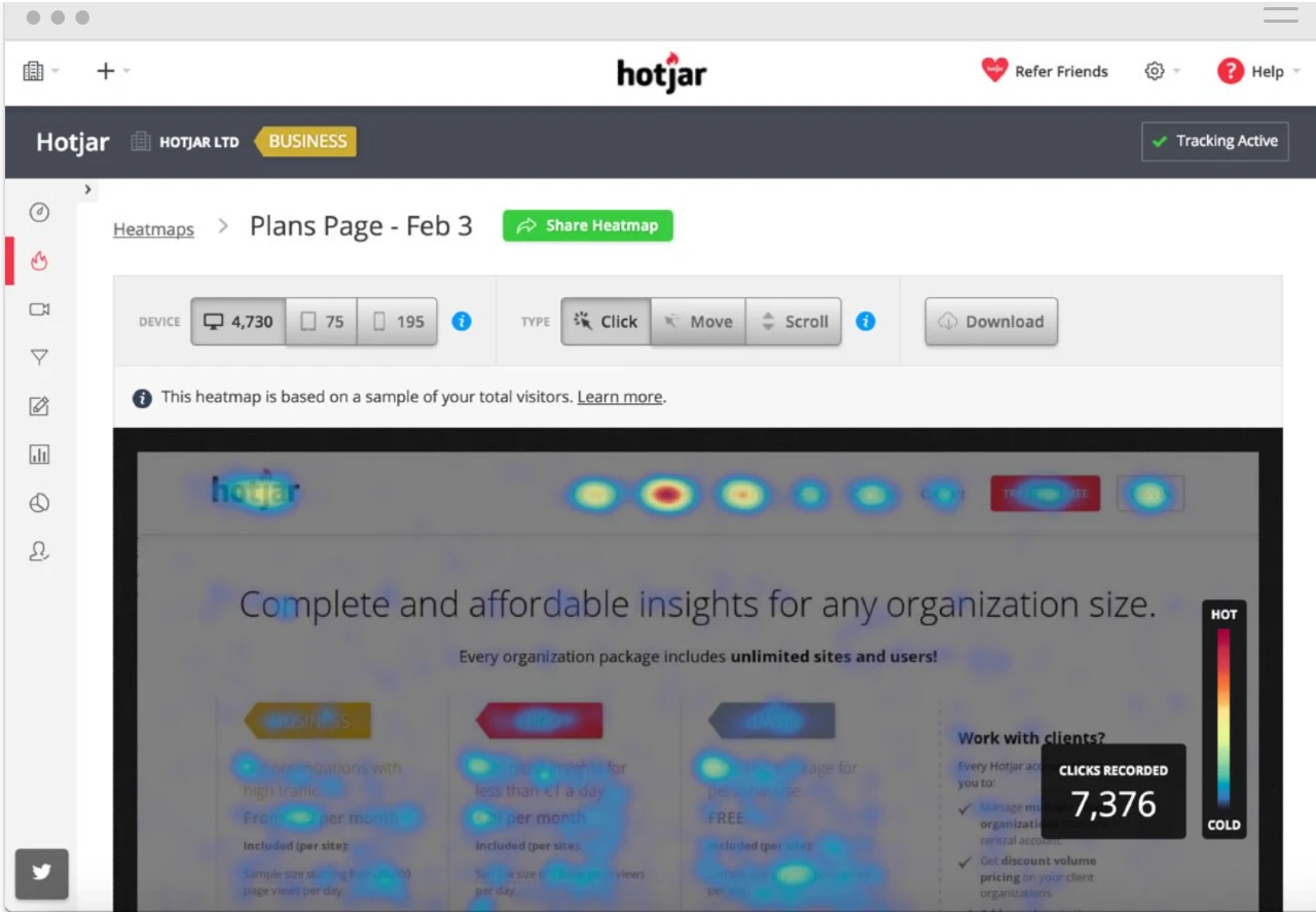 heatmap sur le site Hotjar