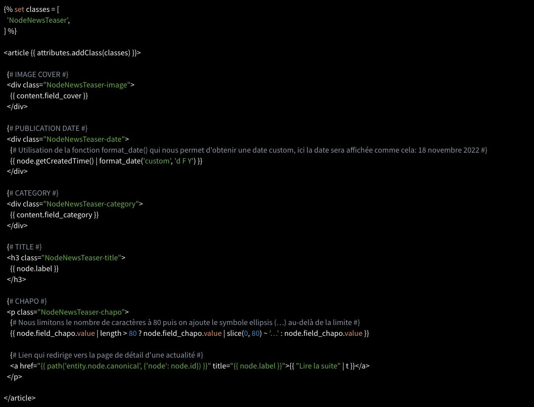 Capture d'écran d'un élément de code