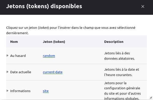 Capture d'écran avec la fenêtre popup des tokens (ou jetons en français) disponibles dans Drupal