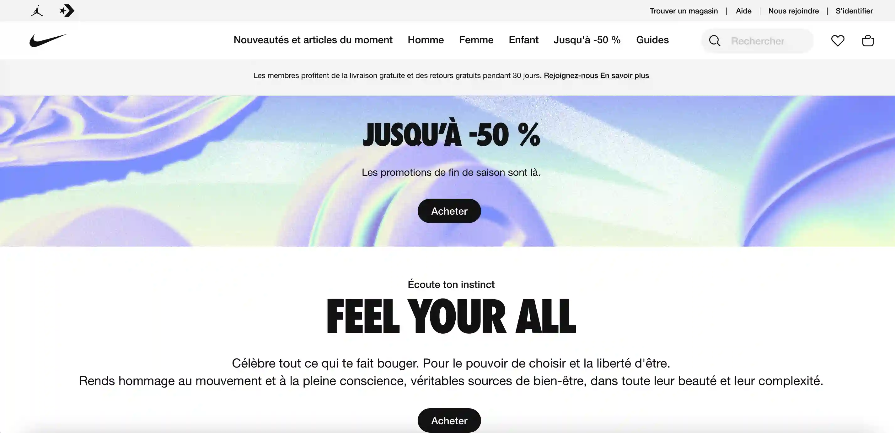 Capture d'écran d'un site d'une marque de sport