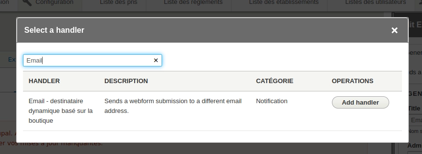 Capture d'écran d'une sélection de WebformHandler