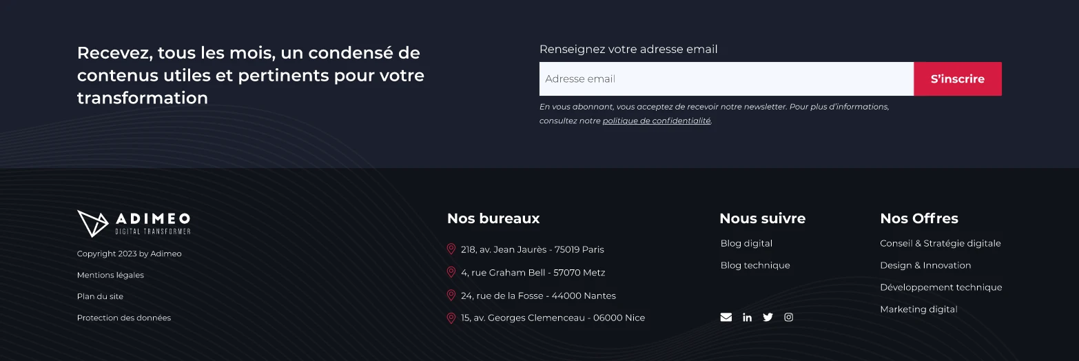 Capture du footer de la maquette du future site d'Adimeo
