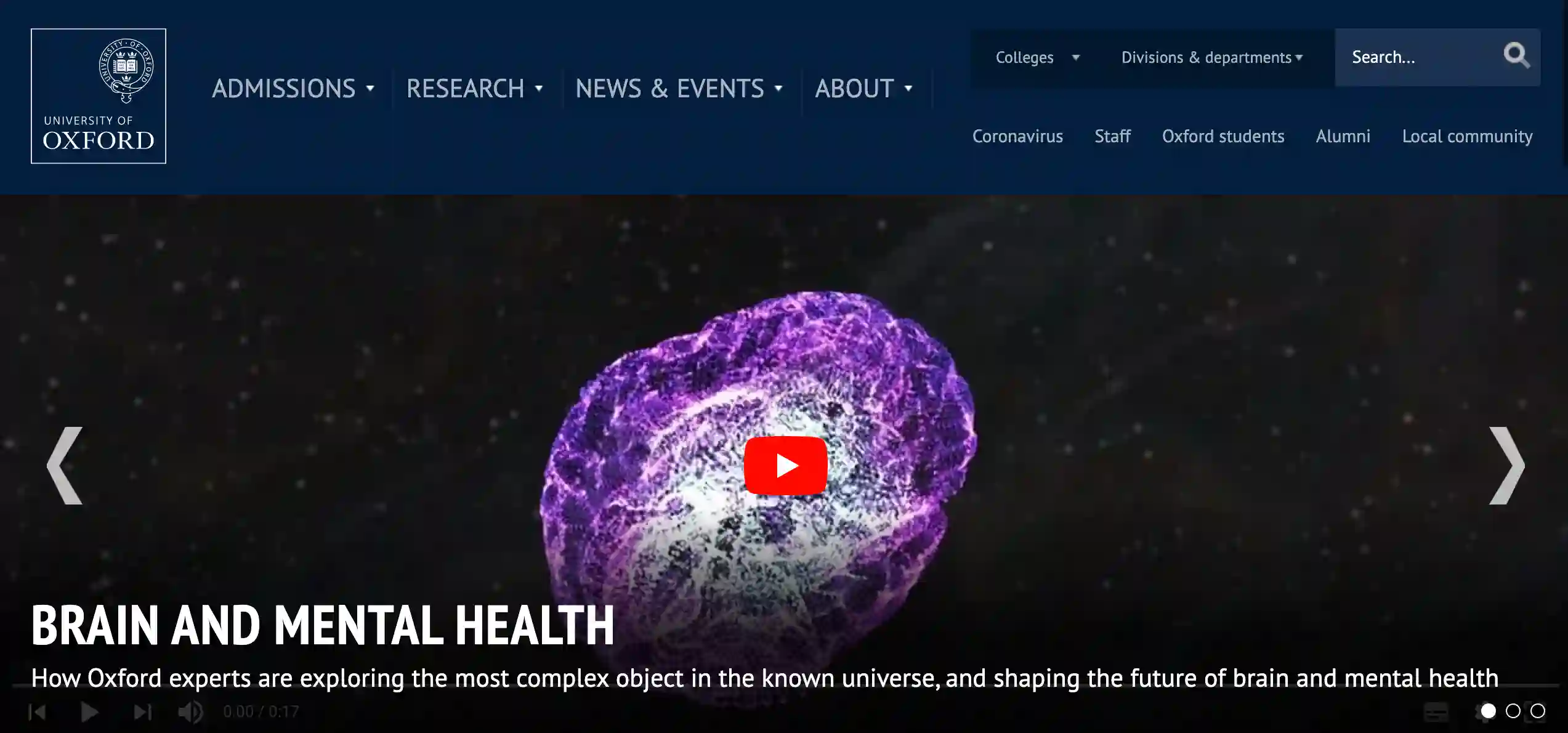 Capture d'écran du site de l'Université d'Oxford réalisé sous Drupal