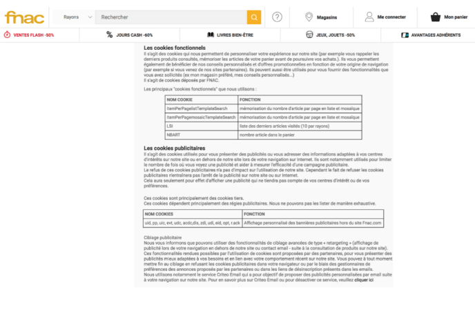 Capture d'écran de la page "Cookies" de la FNAC