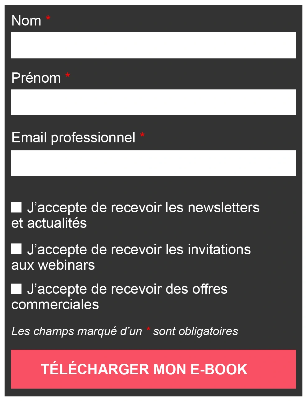 Exemple d'un formulaire avec les bonnes pratiques RGPD  : informations essentielles et  cases à cocher pour s'inscrire à la newsletter ou aux events