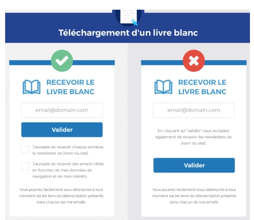 Capture d'écran d'un formulaire pour illustrer le consentement éclairé par finalité