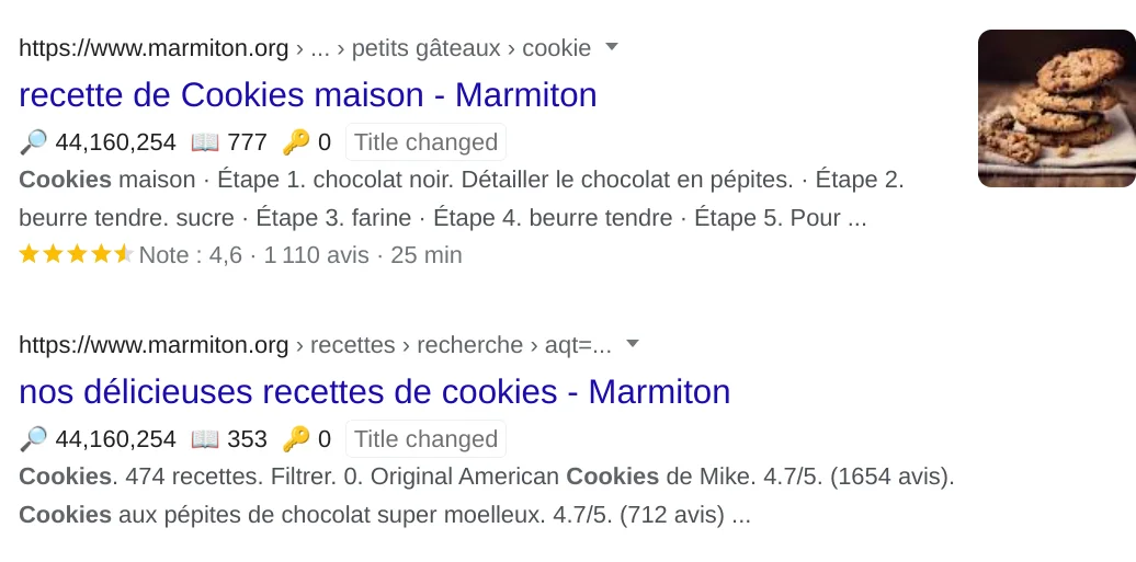 Comparaison de recettes de cookies avec et sans RIch Snippets