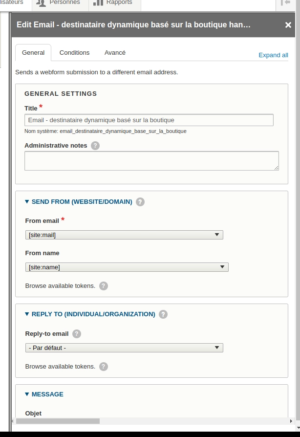 Capture d'écran du back-office d'un formulaire